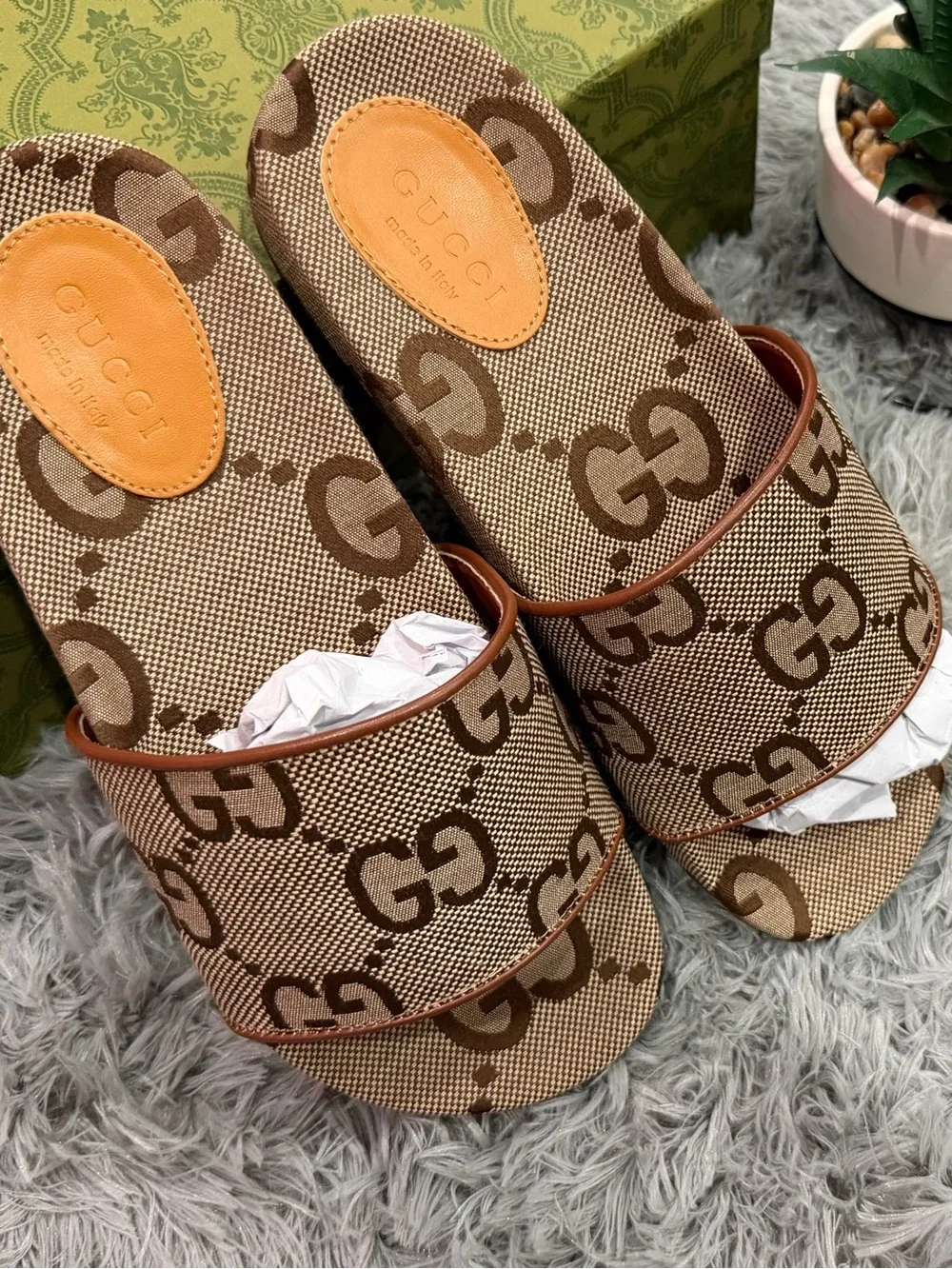 Gucci Brown Monogram Canvas Slide Sandals with Tan Insole Accents